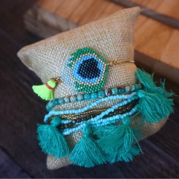 Turquoise Tassel Beaded Bracelet Set - Picture 2 of 5